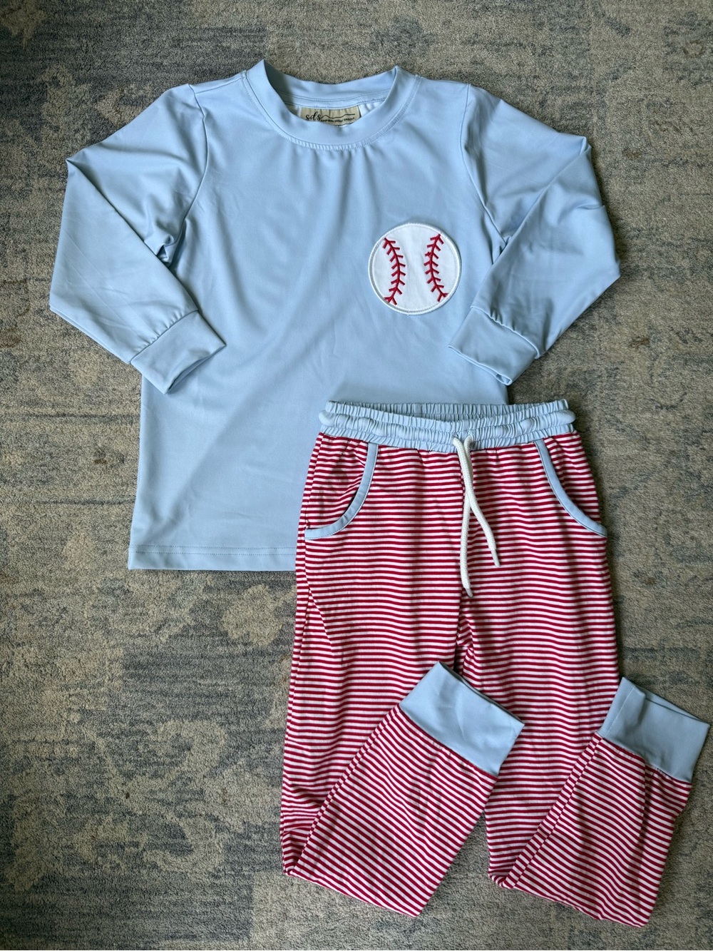 Southern Darlin' Smocks Boys Size 5 2pc Baseball Shirt & Red/White Stripe Pants